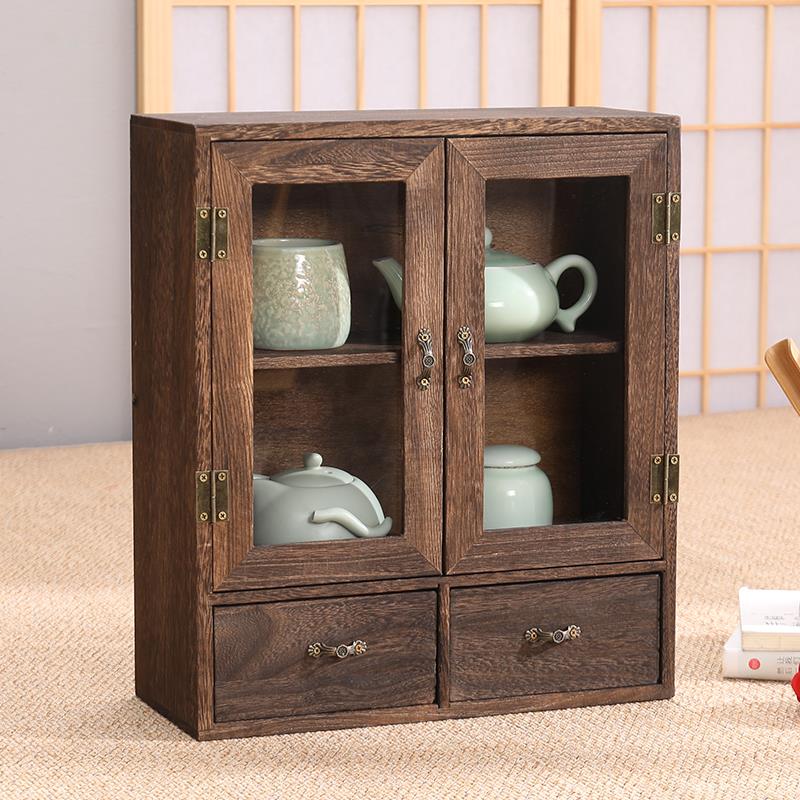 实木展柜茶壶柜桌面防尘茶杯架收纳柜摆件玻璃储物柜化妆品整理柜