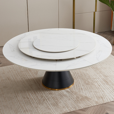 岩板旋转伸缩餐桌带转盘可变大圆桌现代简约小户型V变形餐桌椅组