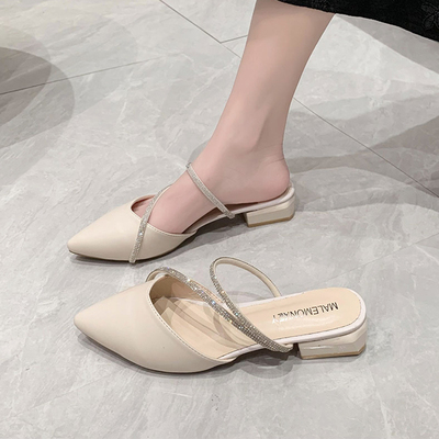 2024新款包头拖鞋仙女尖头水钻低跟两穿凉鞋小清新百搭外穿女鞋子