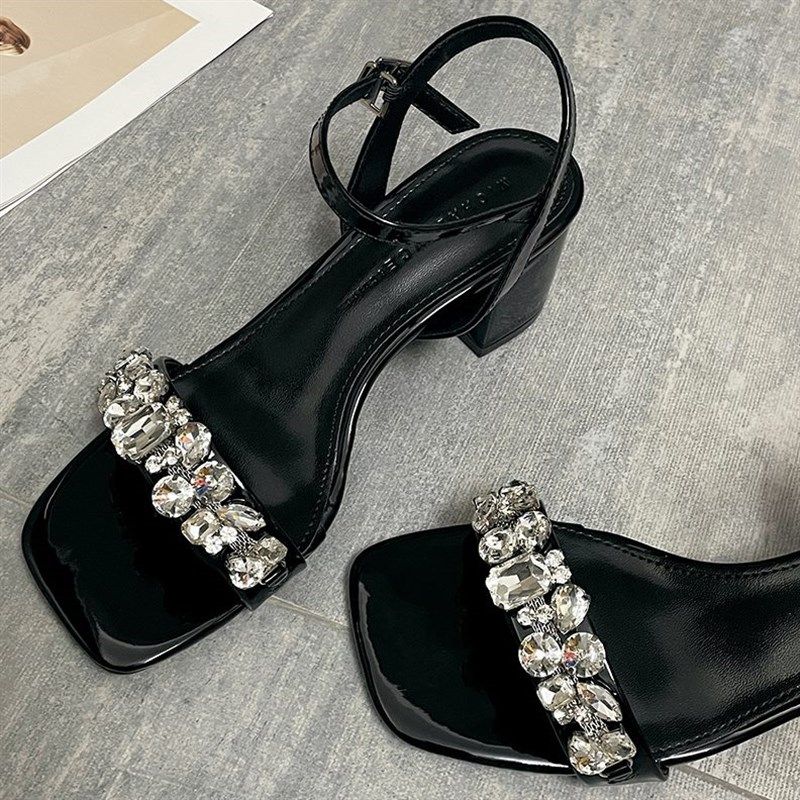 裸色一字带凉鞋女中跟2024年夏季新款粗跟气质水钻时尚方头高跟鞋,女鞋,一字带凉鞋,淘宝优惠券,粉丝福利购,淘宝优惠卷