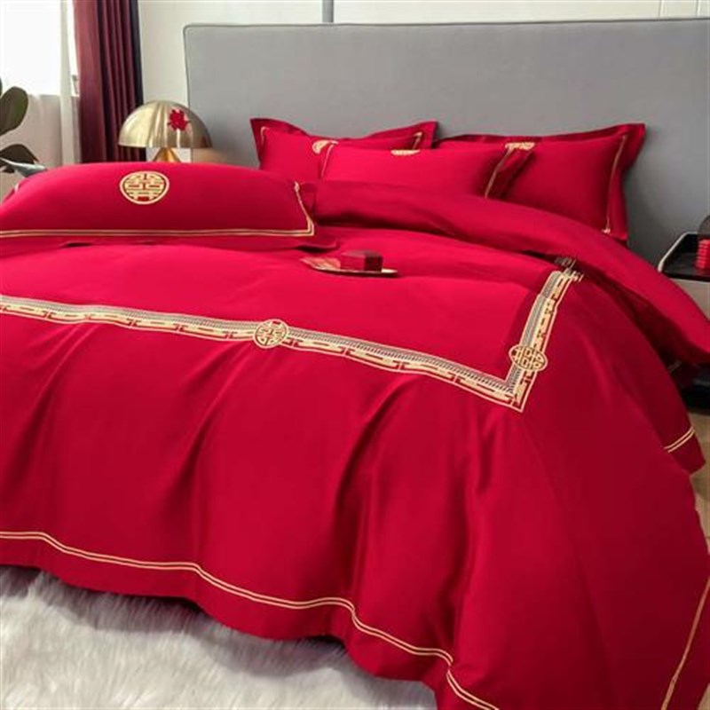 简约喜字刺绣婚庆四件套大红色结婚陪嫁被套床单新婚喜嫁床上用品