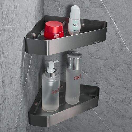 浴室置物架免打孔不锈钢卫生间壁挂三角架枪灰淋浴转角收纳三脚架