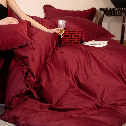 公主风婚庆四件套纯棉喜字提花被套红色喜庆结婚陪嫁床单床上用品