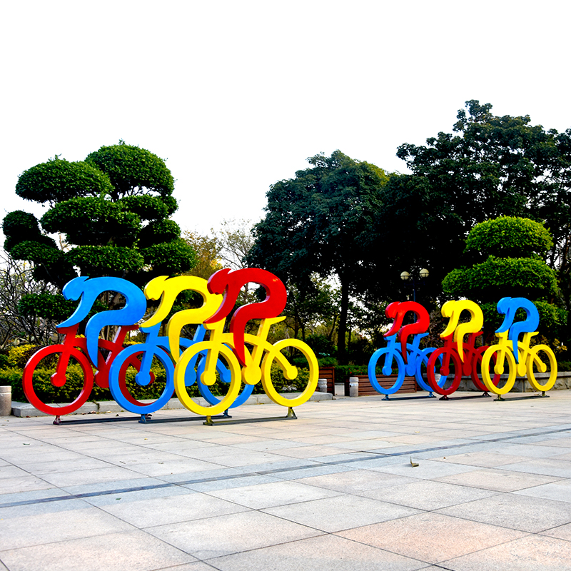 户外抽象骑自行车人物摆件平面剪影玻璃钢雕塑体育场公园景观装饰