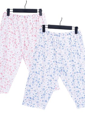 老人夏天薄款f七分裤小碎花老太太睡裤家居裤女老婆婆纯棉中裤直