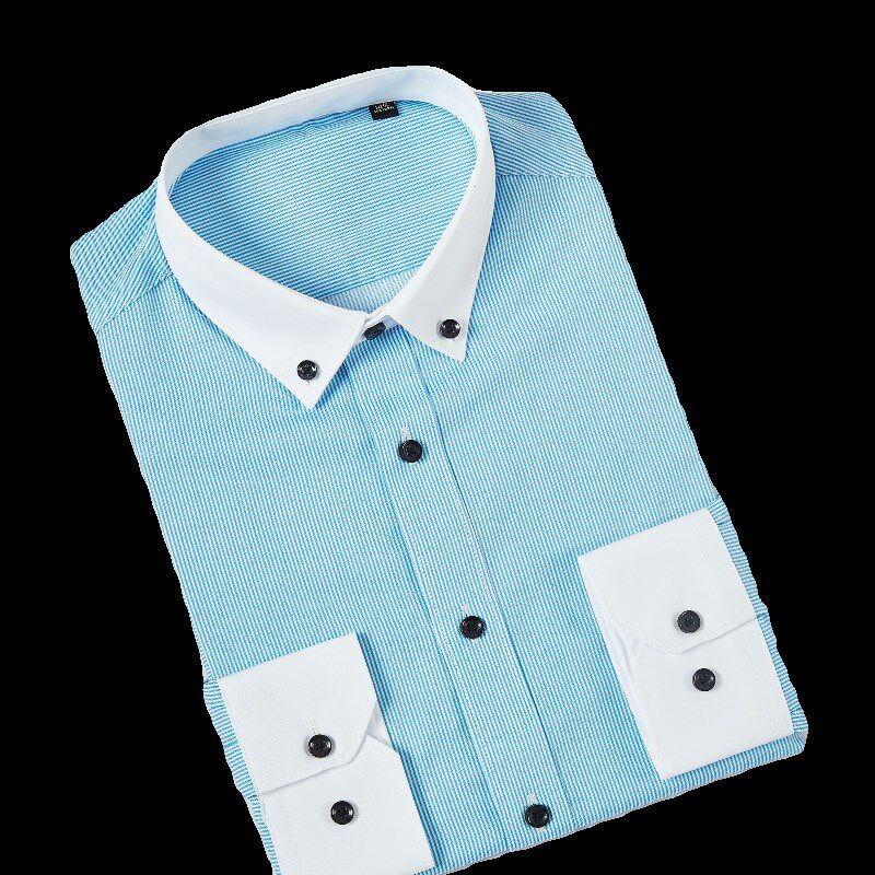 隐扣领有袋长袖衬衫合身款免烫抗皱男士商务休闲打底衬衣条纹职业