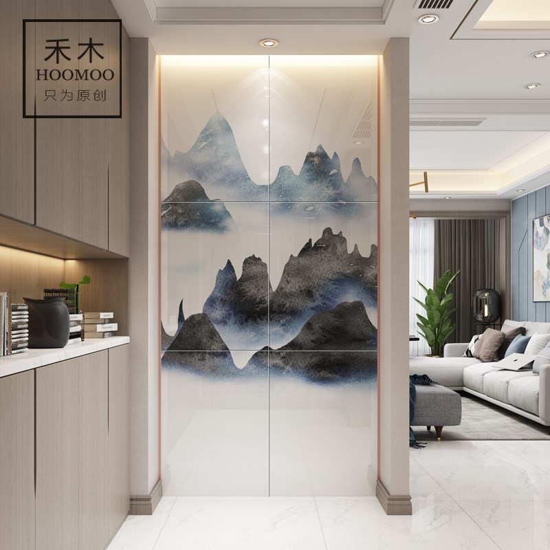 瓷砖背景墙简约现代客厅 玄关过道背景 拼图剪画拼花瓷砖艺术定制