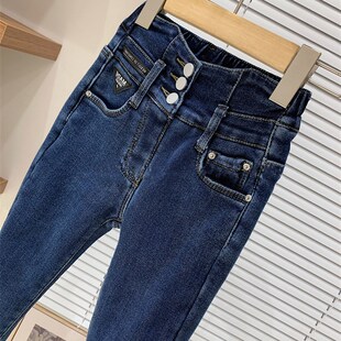 女童加绒弹力牛仔裤2025秋冬休闲加厚长裤中大童高腰小脚裤铅笔裤
