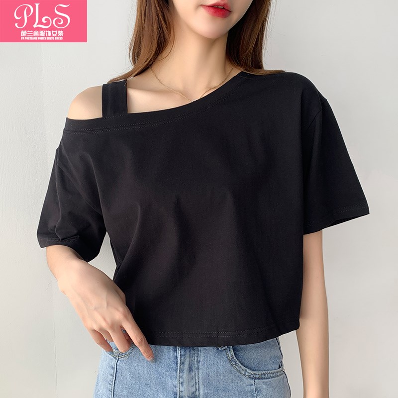夏季新款一字肩露单肩宽松纯白短款短袖黑色露肚脐百搭上衣女装T