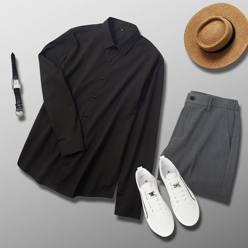 衬衫男长袖高级感黑色衬衣新款商务正装套装男上衣灰色西裤两件套