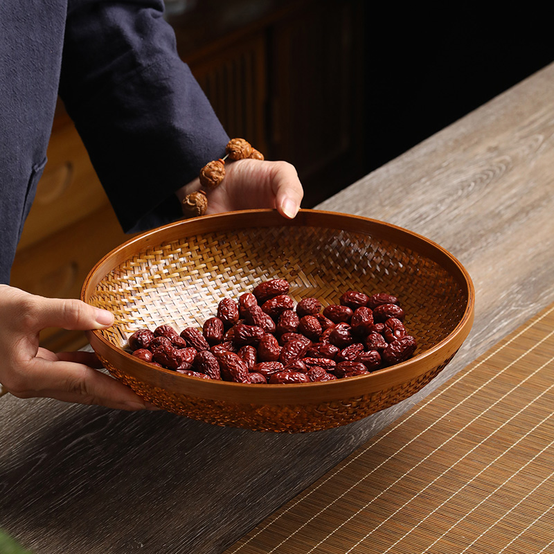 手工竹编筐大漆复古收纳干果茶点盘水果篮子面包筐竹簸箕圆形中式