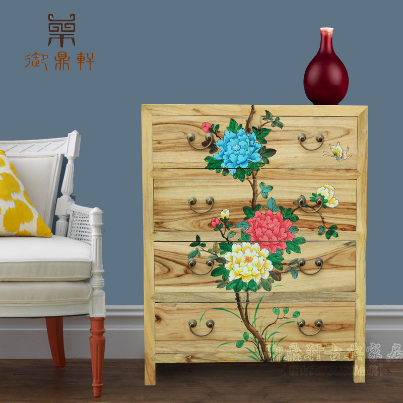 新中式田园家具香樟实木五斗橱柜储物彩绘装饰复古典卧室玄关客厅