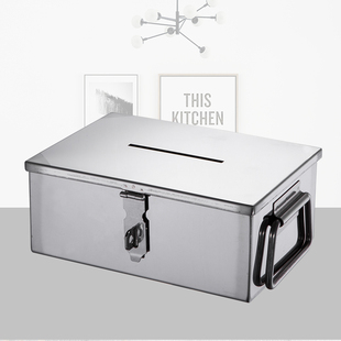 加厚不锈钢存钱罐钱箱贴士箱收款箱超市钱箱收纳盒不锈钢箱储物