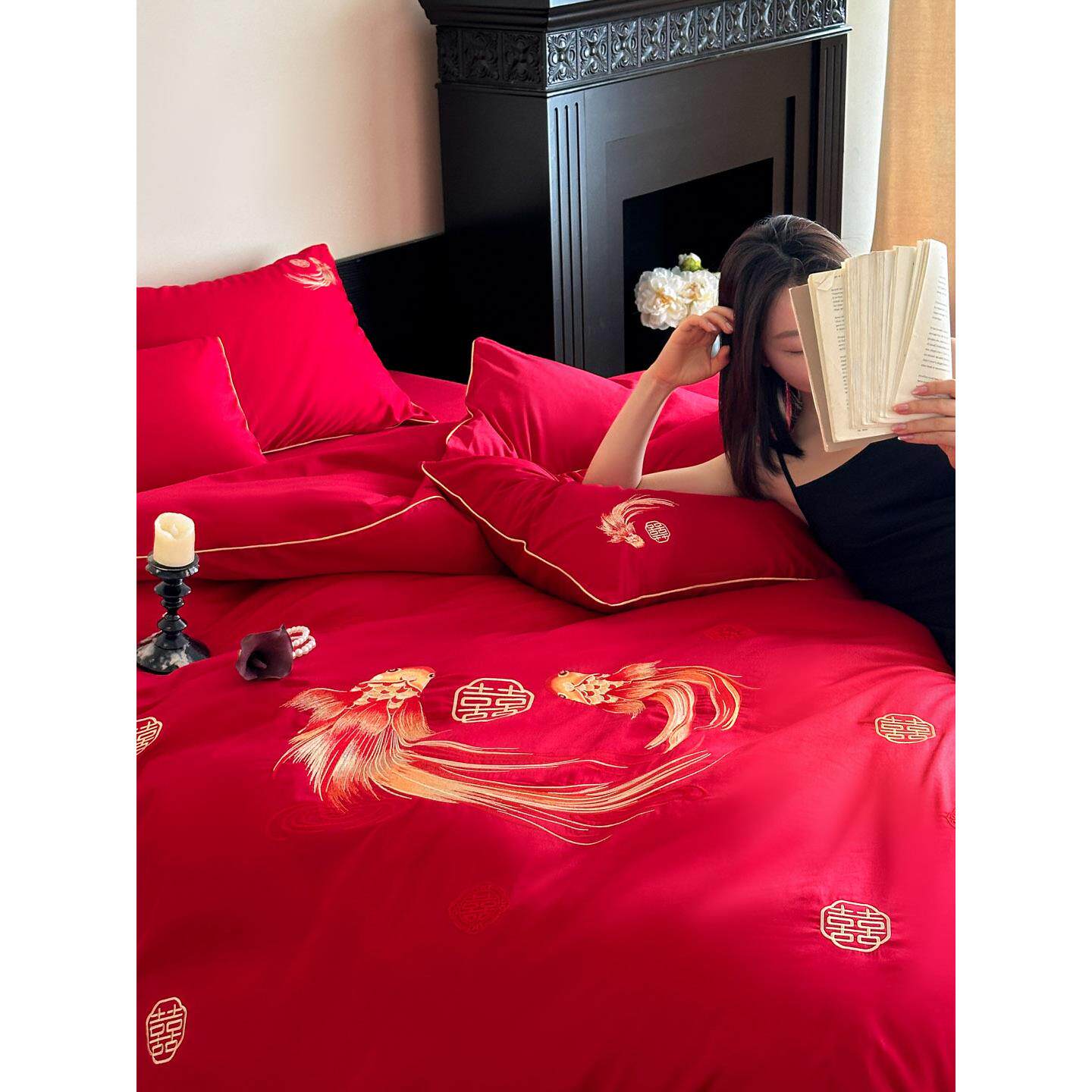 简约时尚结婚床品四件套刺绣婚庆大红色床单被套婚房喜被婚礼婚嫁