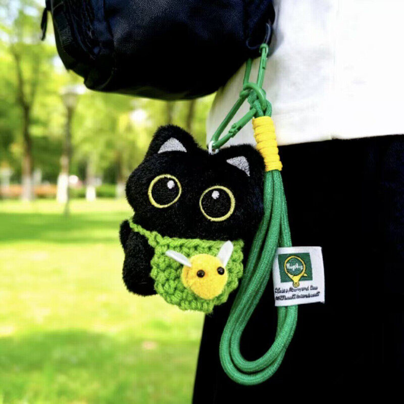 小黑猫蜜蜂挎包挂件可爱毛绒公仔手工编织挂绳多颜色礼物送好朋友