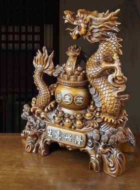 生意兴隆龙摆件聚宝盆仿木雕工艺品客厅办公室前台装饰品开业礼品