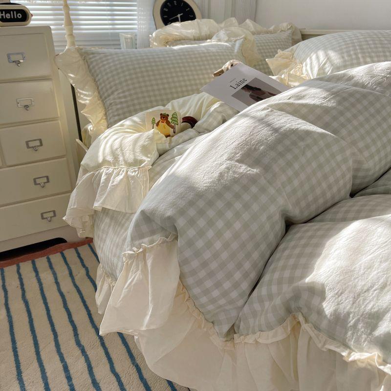 K15韩式奶油格水洗棉床上四件套少女花边床单被套宿舍被罩床笠三
