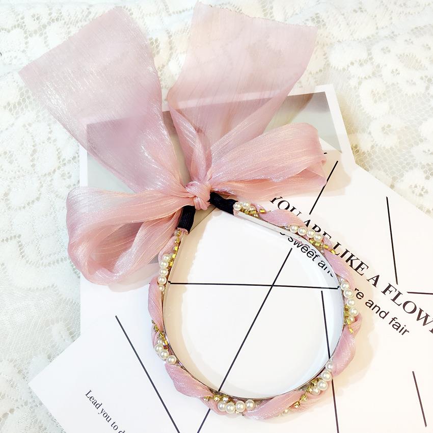 B197韩版碎花大蝴蝶结飘带发箍 满钻麻花辫子珍珠头箍雪纺布头扣