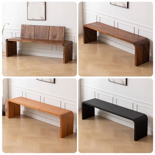 诧寂风实木卧室床尾凳长条凳带靠背餐桌凳长板椅凳进门椅弯头长凳