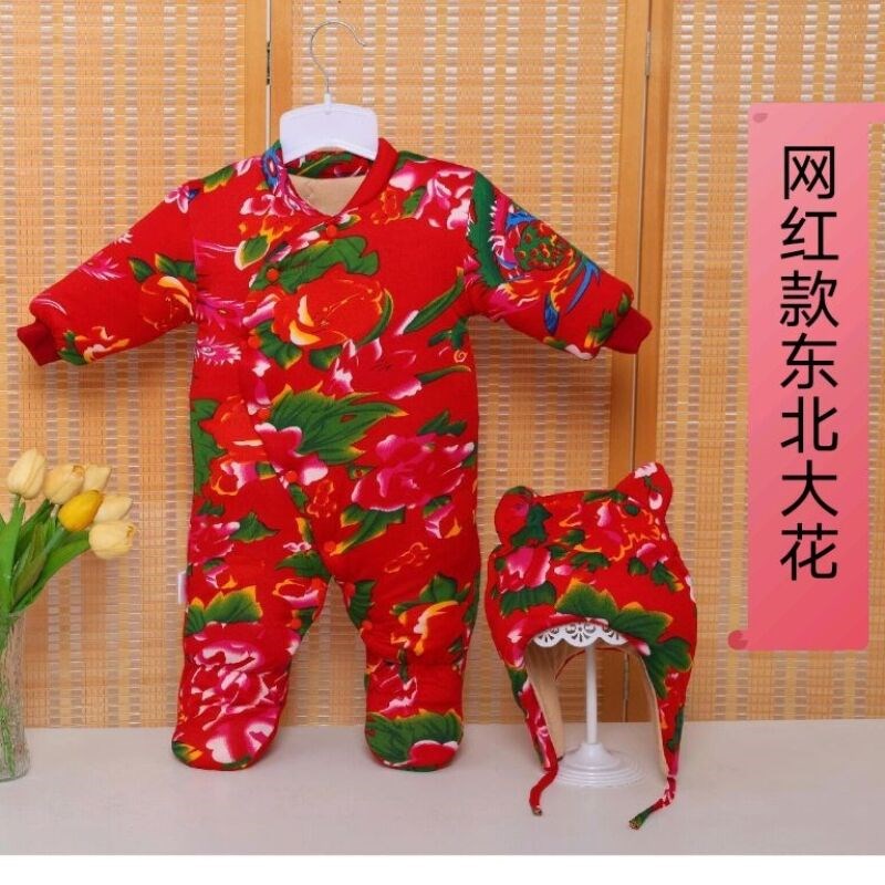 手工棉花连体哈衣宝宝棉衣爬服婴幼儿包脚连体衣冬季加厚斜襟国风