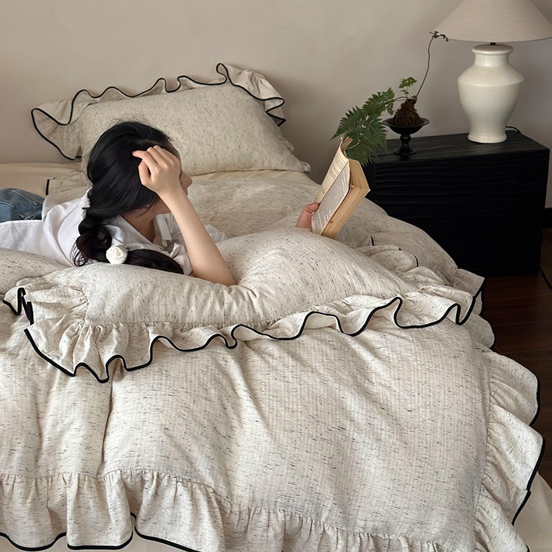 法式公主风丨双层纱四件套全棉2024新款床单被套荷叶边床品