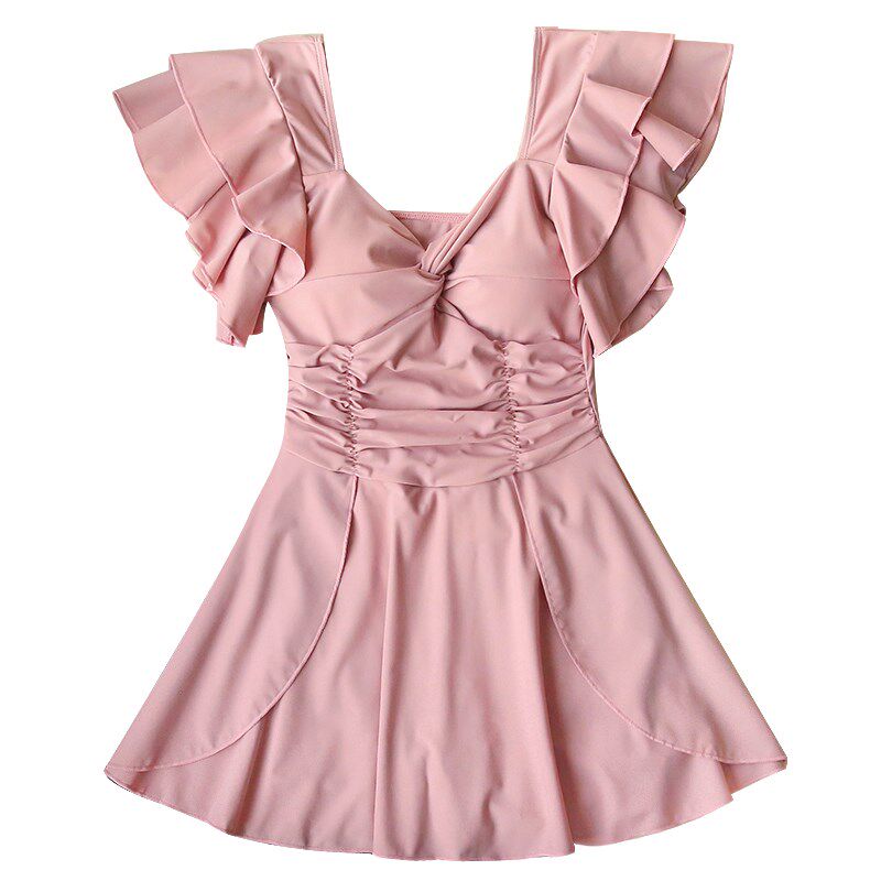 连体泳衣女孩微胖大码粉红色甜美少女显瘦遮手臂遮肚子泡温泉泳装