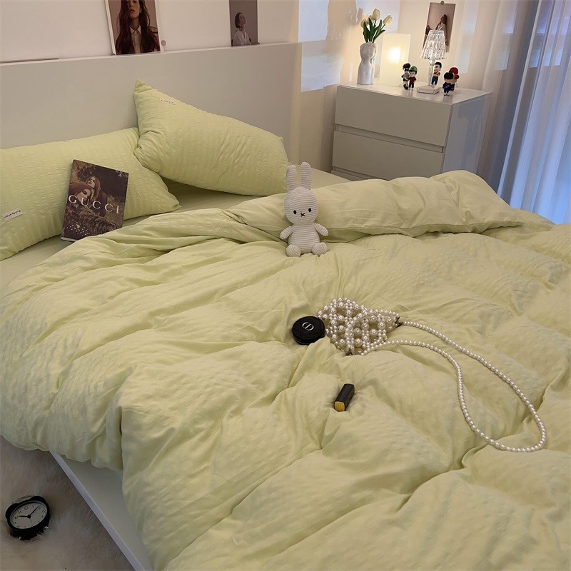 韩式风贴标款小泡泡蜜瓜绿床上用品床单四件套纯色简约被套三件套
