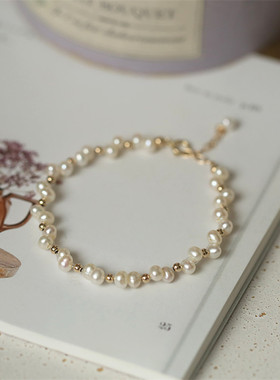 细碎的小时光。手工编织天然淡水珍珠手链女14k包金女生礼物