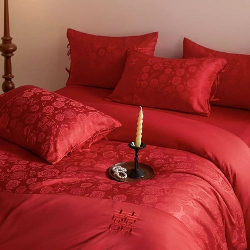 高档中式结婚四件套大红色新婚床单被套纯棉婚庆床上用品婚房喜被