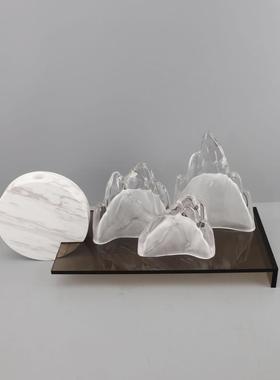 新中式样板房间客厅玄关柜酒店艺术品摆件大理石托盘假山软装饰品