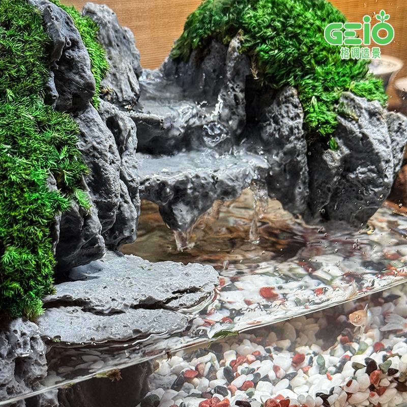 成品生态微景观鱼缸造景苔藓真绿植水陆流水循环过滤中式桌面鱼缸
