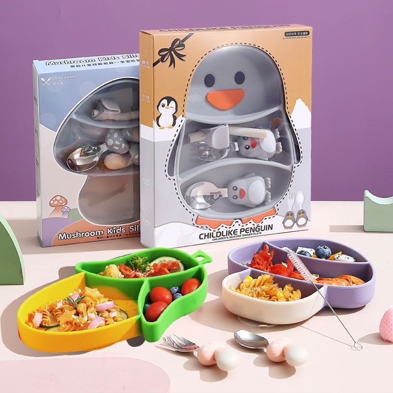 儿童萌趣卡通硅胶餐盘一体分格吸盘式辅食餐具套装婴幼儿喂食勺子