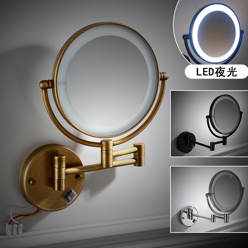 LED免打孔浴室美容镜带灯 双面折叠化妆镜伸缩镜子充电放大镜壁挂