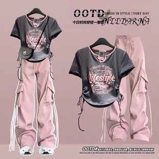 夏季大童套装女学生韩版宽松抽绳短款t恤工装阔腿裤学院风两件套