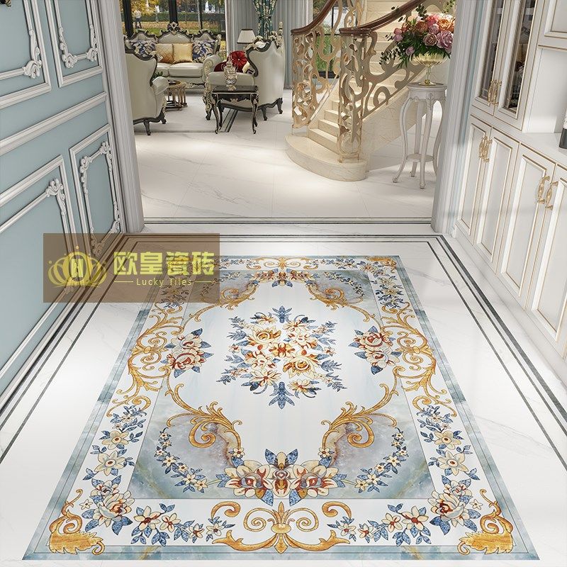 法式入户玄d关拼花瓷砖800x800蓝色简约图案花砖客厅进门造型地砖