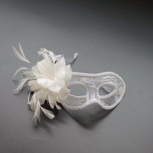 万圣节道具成人化妆舞会公主手持面具女透明蕾丝侧花白色半脸眼罩