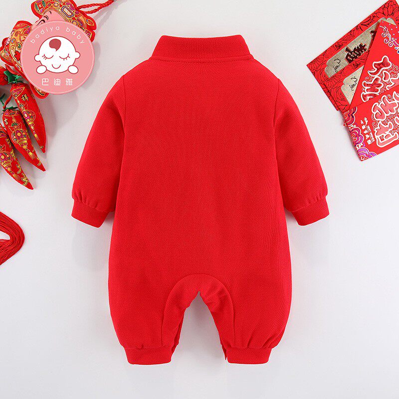 男宝宝拜年服冬季新生儿连体衣满月服过年服春装女婴儿新年装哈衣