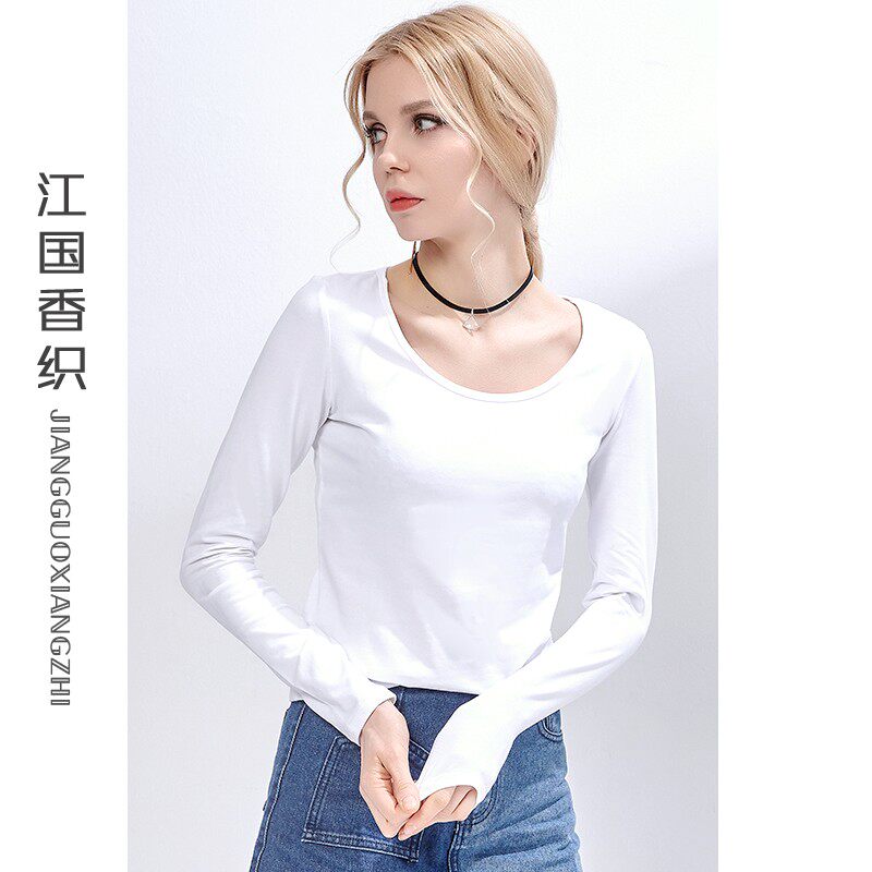 白色t恤女长袖不透纯白打底衫大领口紧身M净版纯棉春秋款薄款内搭