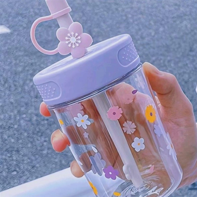军训水杯女生口杯可爱杯塑料搅拌带吸管直饮吸管杯冷萃杯卡通耐摔