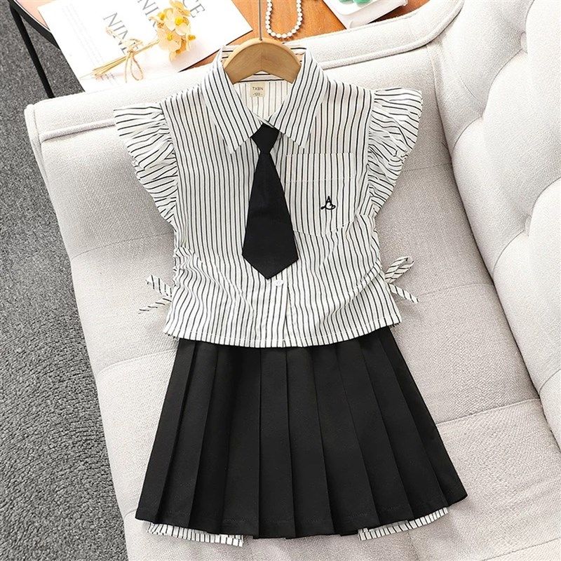 女大童夏装学院风制服套装2025新款儿童韩版条纹衬衫百褶裙两件套