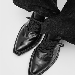 朴晨PUCH小众翘头巫师鞋褶皱感走秀潮款尖头高跟皮鞋厚底德比鞋