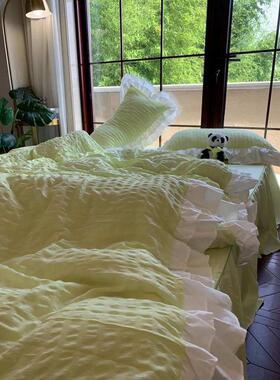 小清新奶绿色泡泡褶皱感被套四件套公主风床裙床单宿舍床上三件套