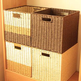 正方形整理箱衣服收纳筐彷藤编草编储物篮杂物幼儿园格子框抽屉式