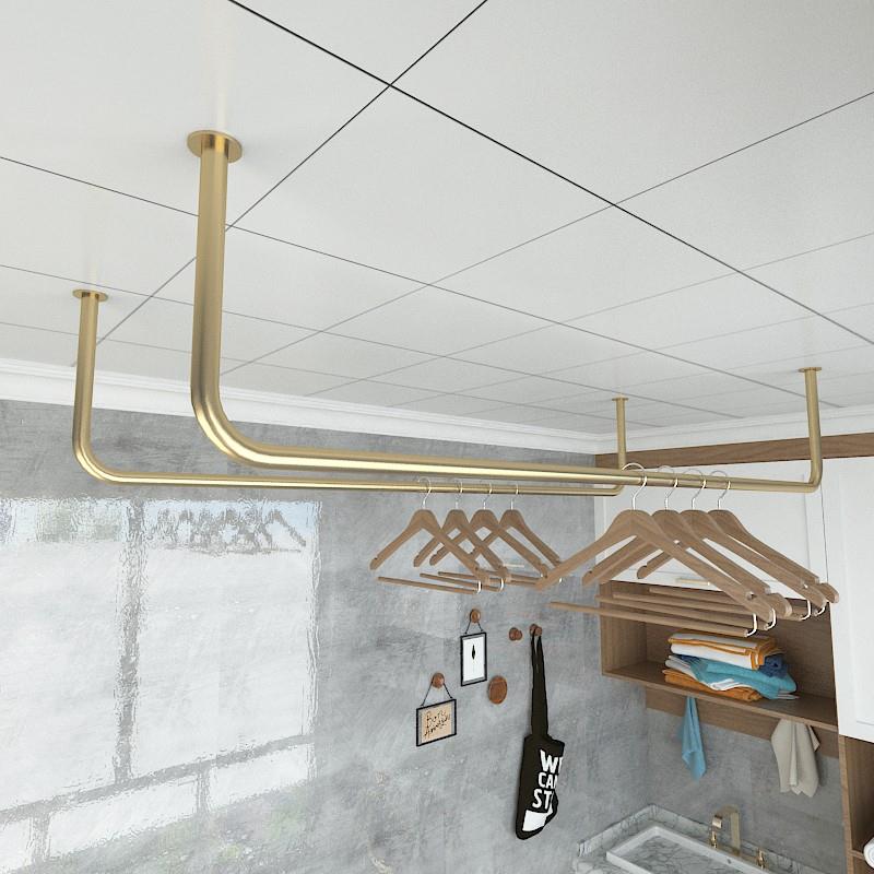 金色简易阳台晾衣杆铁艺户外晒衣被杆单杠式侧挂吊顶墙上挂衣架