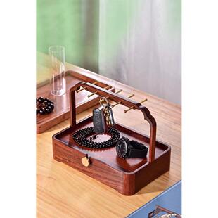 置物架桌面托盘实木钥匙收纳整理架玄关摆件木制檀木镶铜针挂钩