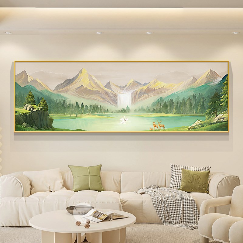 包安装日照金山客厅装饰画原木风B沙发背景墙挂画聚宝盆山水壁画
