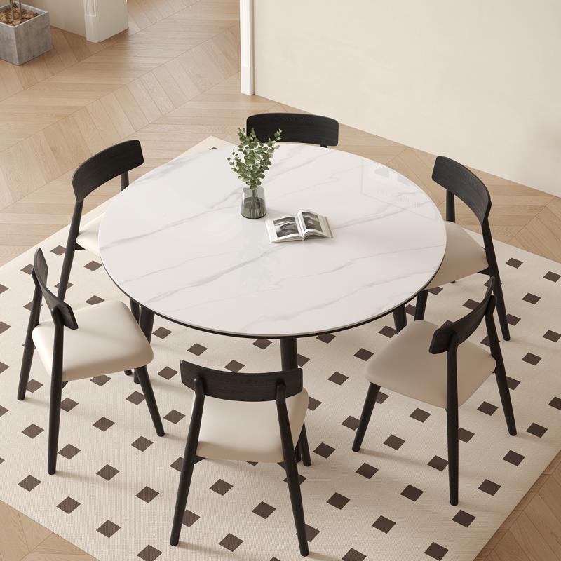 现代简约实板圆岩形木餐桌椅合家用带转盘网红餐厅酒组店吃饭桌子