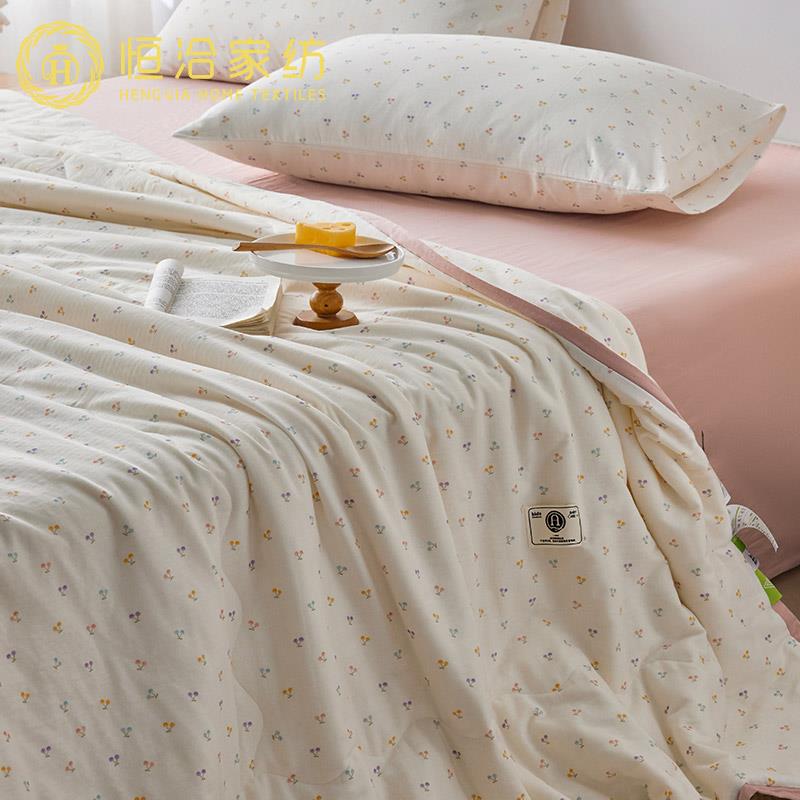 全棉有氧双层纱大豆夏凉紫四套清新樱桃CMP印花可水洗空件调被被