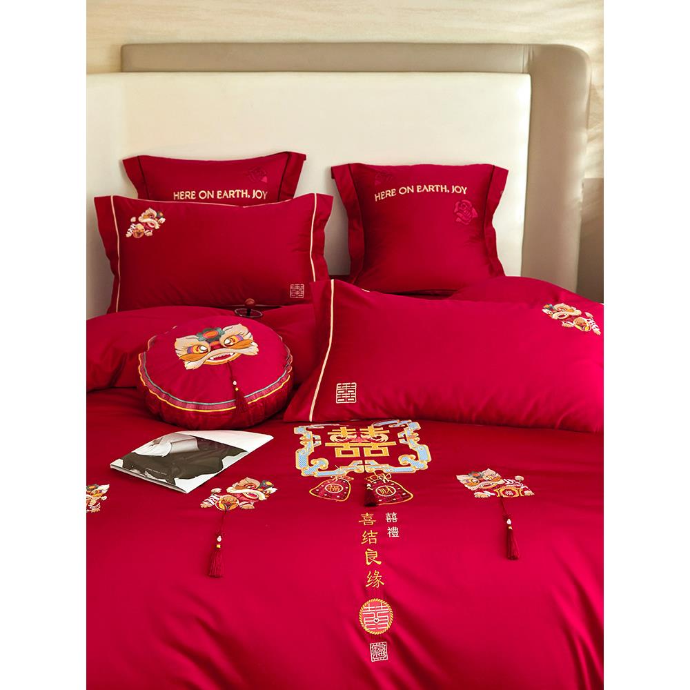 洽家纺浪漫恒四婚WVC庆全棉床单款件10套0S刺绣结婚中式被套床上