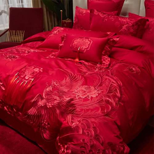 式高端新中EGM180s长绒棉婚庆四件套龙全棉婚大结红色凤被套高档
